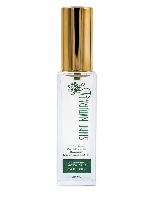 Cold-pressed macadamia nut face oil for natural skin care from Hawaii