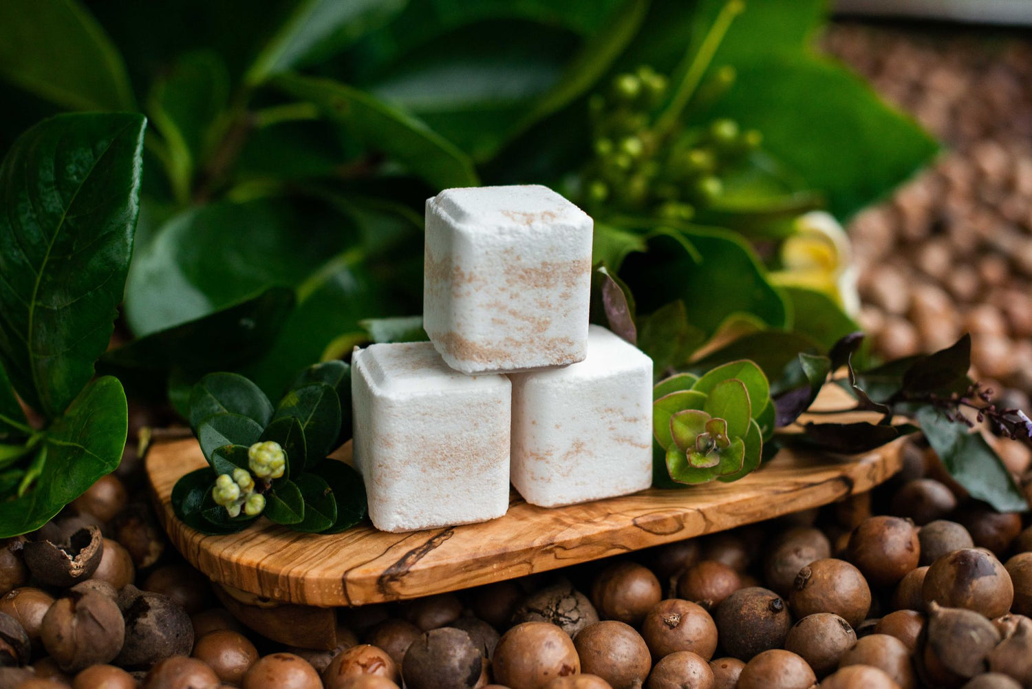 All-natural bath bomb infused with Hawaiian macadamia nut oil