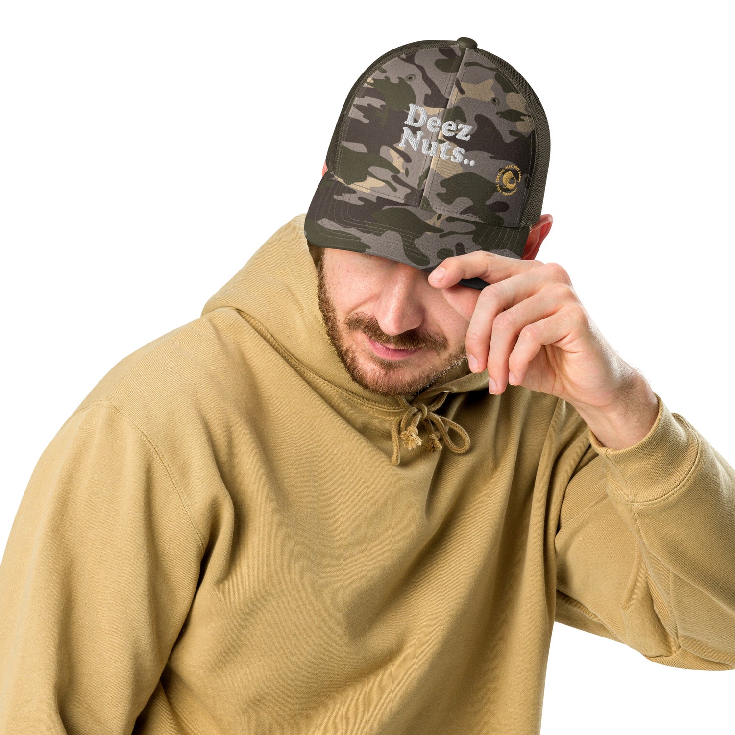 Trucker hat featuring Ohana Mac Nut Farm logo and Deez Nuts design
