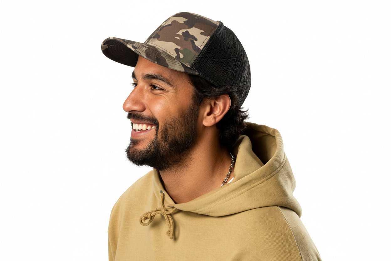 OMNF logo trucker hat with ‘Deez Nuts’ slogan—Ohana Mac Nut Farm merchandise